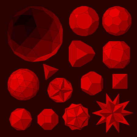 Wired red geometric 3d wireframe spheres. Trigonometry facet orbs created with triangles, squares and pentagons. Vector low poly spherical objects with connected linesのイラスト素材