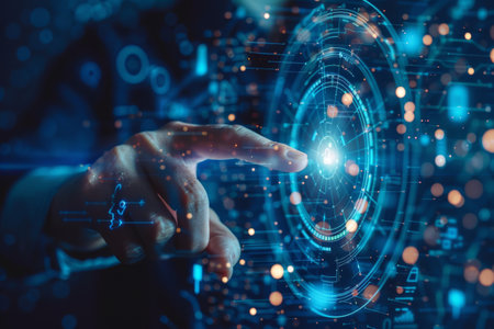 Businessman use forefinger touching security button on glow hud holographic screen, internet technology, artificial intelligence and networking concept, blue sci-fi toneの写真素材