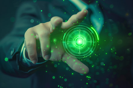 Businessman use forefinger touching security button on glow hud holographic screen, internet technology, artificial intelligence and networking concept, green sci-fi toneの写真素材