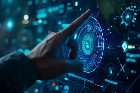 Businessman use forefinger touching security button on glow hud holographic screen, internet technology, artificial intelligence and networking concept, blue sci-fi toneの写真素材