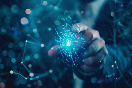 Businessman use forefinger touching security button on glow hud holographic screen, internet technology, artificial intelligence and networking concept, blue sci-fi toneの写真素材