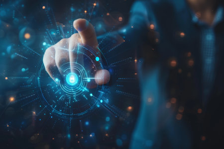 Businessman use forefinger touching security button on glow hud holographic screen, internet technology, artificial intelligence and networking concept, blue sci-fi toneの写真素材