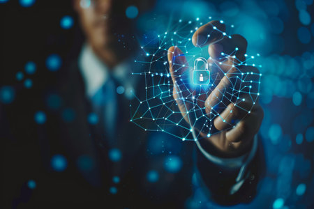 Businessman use forefinger touching security button on glow hud holographic screen, internet technology, artificial intelligence and networking concept, blue sci-fi toneの写真素材