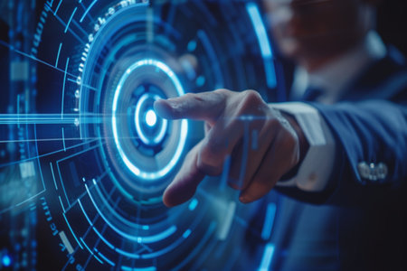 Businessman use forefinger touching security button on glow hud holographic screen, internet technology, artificial intelligence and networking concept, blue sci-fi toneの写真素材