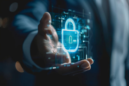Businessman holding security padlock symbol on virtual screens, technology internet and networking concept, blue sci-fi toneの写真素材