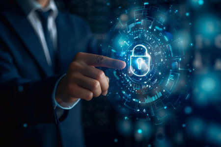 Businessman use forefinger touching security button on glow hud holographic screen, internet technology, artificial intelligence and networking concept, blue sci-fi toneの写真素材