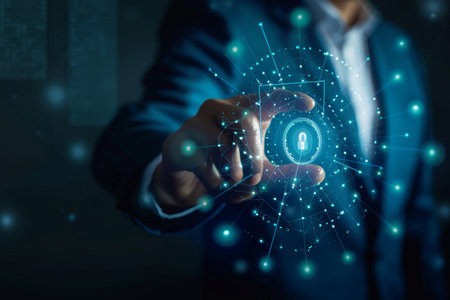 Businessman use forefinger touching security button on glow hud holographic screen, internet technology, artificial intelligence and networking concept, blue sci-fi toneの写真素材