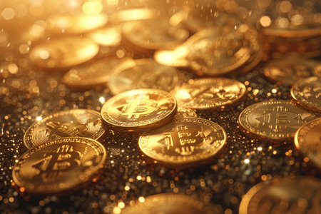 Gold Bitcoin Coins in a Glittering Rendering, rich, wealthy, wealth, treasureの写真素材
