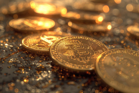 Gold Bitcoin Coins in a Glittering Rendering, rich, wealthy, wealth, treasureの写真素材