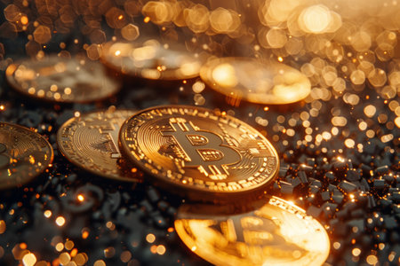 Gold Bitcoin Coins in a Glittering Rendering, rich, wealthy, wealth, treasureの写真素材