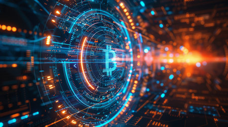 Abstract Bitcoin and Cryptocurrency Digital Art with Futuristic Elements wallpaper featuring hud patterns and vibrant neon lightsの写真素材