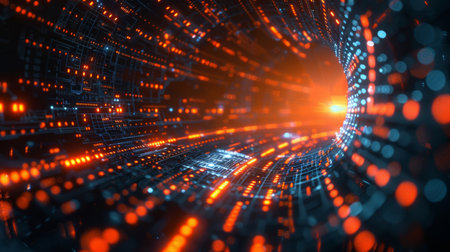 Abstract expression of digital connectivity, featuring hud patterns and vibrant neon lights to symbolize the digital age, neon light color, wallpaper, backdropの写真素材