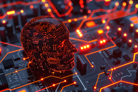 AI chip on Computer Board with Neon Lights and Circuits. Artificial intelligence circuit line style. Machine learning design. Smart network digital technologyの写真素材