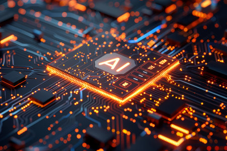 AI chip on Computer Board with Neon Lights and Circuits. Artificial intelligence circuit line style....