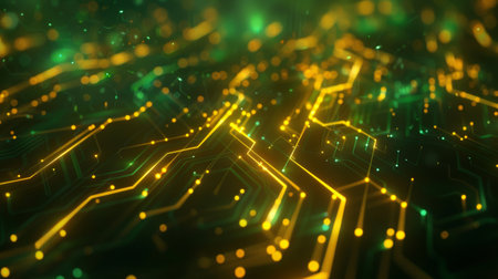Abstract expression of digital connectivity, featuring circuit-like patterns and vibrant neon lights...