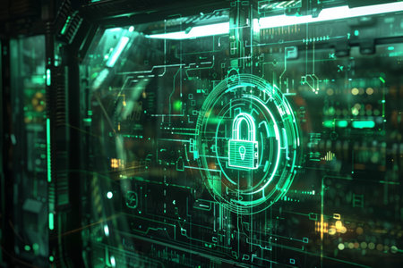 Digital cybersecurity hud hologram with glowing lock on network display. Internet security and global protection.の写真素材