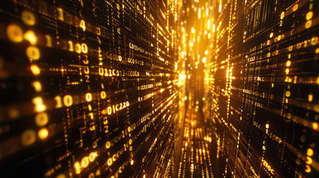 Golden Binary Code Data Grid with Digital Information Displays. Digital cyberspace with particles and digital data network connections concept.の写真素材