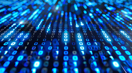 Multilayer Blue Binary Code Data Grid with Digital Information Displays. Digital cyberspace with particles and digital data network connections concept.の写真素材