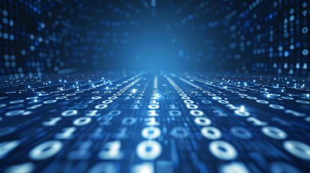 Blue Binary Code Data Grid with Digital Information Displays. Digital cyberspace with particles and digital data network connections concept.の写真素材