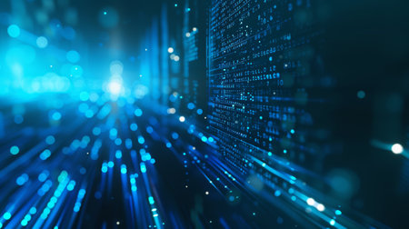 Blue Binary Code Data Grid with Digital Information Displays. Digital cyberspace with particles and digital data network connections concept.の写真素材