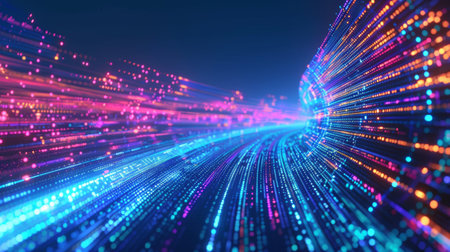 Abstract expression of digital connectivity, featuring hud patterns and vibrant neon lights to symbolize the digital age, neon light color, wallpaper, backdropの写真素材
