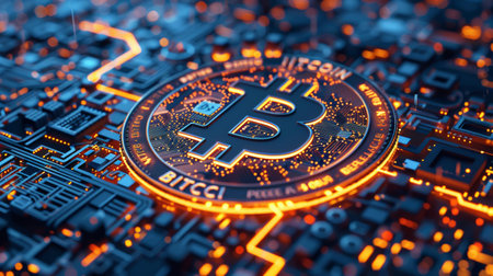 Abstract Bitcoin and Cryptocurrency Digital Art with Futuristic Elements wallpaperの写真素材