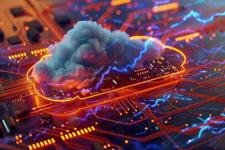 Cloud on Computer Board with Neon Lights and Circuits network security concept. A cloud-shaped server hub, symbolizing the centralization of data and resources.の写真素材