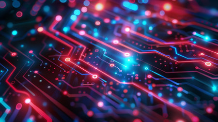 Abstract expression of digital connectivity, featuring circuit-like patterns and vibrant neon lights to symbolize the digital age, yellow and green colorの写真素材