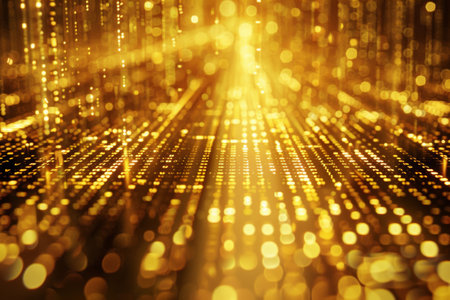 Golden Binary Code Data Grid with Digital Information Displays. Digital cyberspace with particles and digital data network connections concept.の写真素材