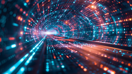 Abstract expression of digital connectivity, featuring hud patterns and vibrant neon lights to symbolize the digital age, neon light color, wallpaper, backdropの写真素材