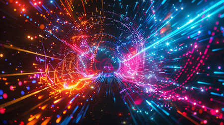 Abstract expression of digital connectivity, featuring hud patterns and vibrant neon lights to...