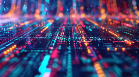 Abstract expression of digital connectivity, featuring hud patterns and vibrant neon lights to symbolize the digital age, neon light color, wallpaper, backdropの写真素材