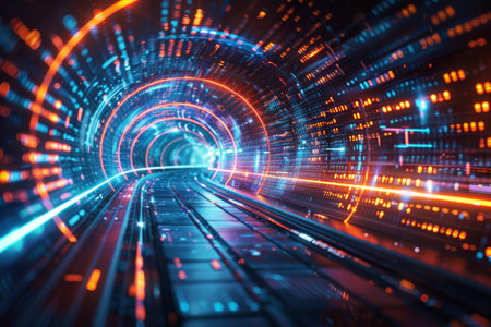 Abstract expression of digital connectivity, featuring hud patterns and vibrant neon lights to symbolize the digital age, neon light color, wallpaper, backdropの写真素材