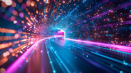 Abstract expression of digital connectivity, featuring hud patterns and vibrant neon lights to symbolize the digital age, neon light color, wallpaper, backdropの写真素材