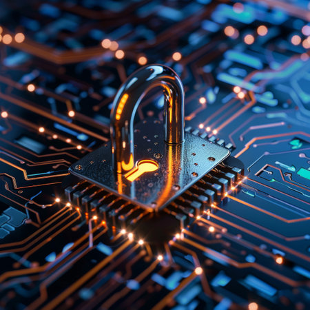 Padlock on Cyber Security System in Bronze Style, To convey a sense of secure data and network protection in a modern and technical settingの写真素材