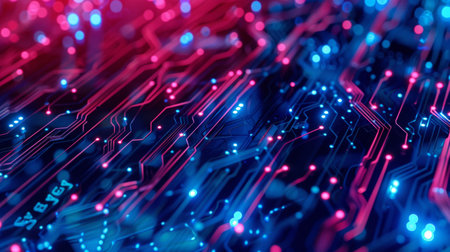 Abstract expression of digital connectivity, featuring circuit-like patterns and vibrant neon lights to symbolize the digital age, yellow and green colorの写真素材