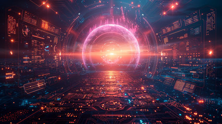 Futuristic virtual hud multi layer, Digital Information Displays, neon interface, secure data and...