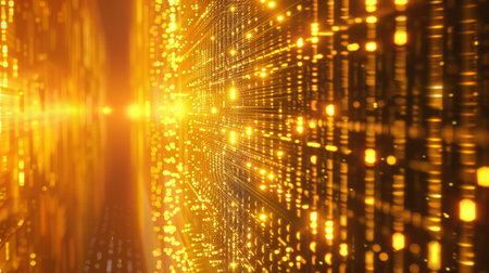 Golden Binary Code Data Grid with Digital Information Displays. Digital cyberspace with particles and digital data network connections concept.の写真素材