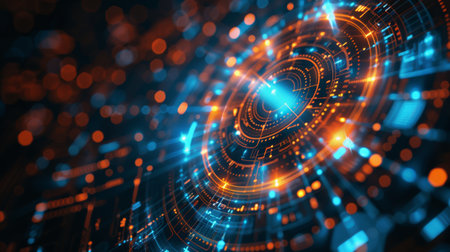 Abstract expression of digital connectivity, featuring hud patterns and vibrant neon lights to symbolize the digital age, neon light color, wallpaper, backdropの写真素材