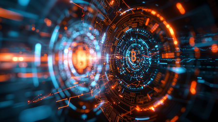 Abstract Bitcoin and Cryptocurrency Digital Art with Futuristic Elements wallpaper featuring hud patterns and vibrant neon lightsの写真素材