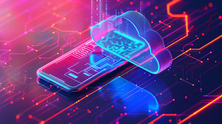 Digital Cloud with Smartphone, To visually represent the concept of real-time cloud services boosting businesses in a futuristicの写真素材