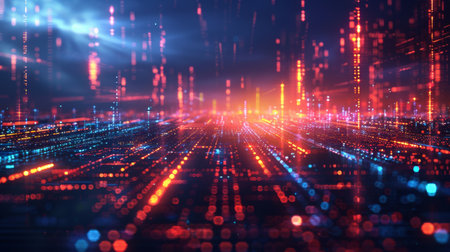Abstract expression of digital connectivity, featuring hud patterns and vibrant neon lights to symbolize the digital age, neon light color, wallpaper, backdropの写真素材