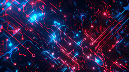 Abstract expression of digital connectivity, featuring circuit-like patterns and vibrant neon lights to symbolize the digital age, yellow and green colorの写真素材