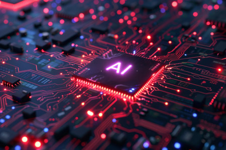 AI chip on Computer Board with Neon Lights and Circuits. Artificial intelligence circuit line style. Machine learning design. Smart network digital technologyの写真素材