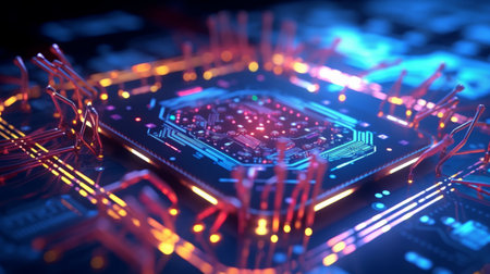 AI chip on Computer Board with Neon Lights and Circuits. Artificial intelligence circuit line style. Machine learning design. Smart network digital technologyの写真素材