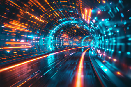 Abstract expression of digital connectivity, featuring hud patterns and vibrant neon lights to symbolize the digital age, neon light color, wallpaper, backdropの写真素材