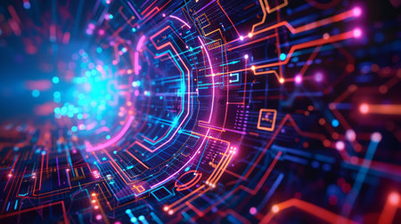 Abstract expression of digital connectivity, featuring hud patterns and vibrant neon lights to symbolize the digital age, neon light color, wallpaper, backdropの写真素材