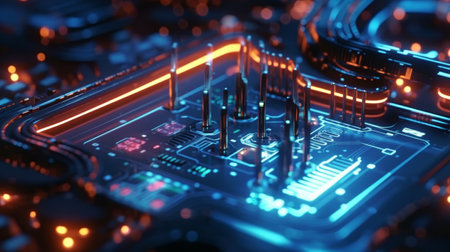 AI chip on Computer Board with Neon Lights and Circuits. Artificial intelligence circuit line style....