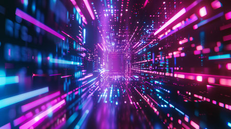 Abstract expression of digital connectivity, featuring hud patterns and vibrant neon lights to symbolize the digital age, neon light color, wallpaper, backdropの写真素材
