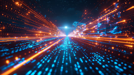 Abstract expression of digital connectivity, featuring hud patterns and vibrant neon lights to symbolize the digital age, neon light color, wallpaper, backdropの写真素材